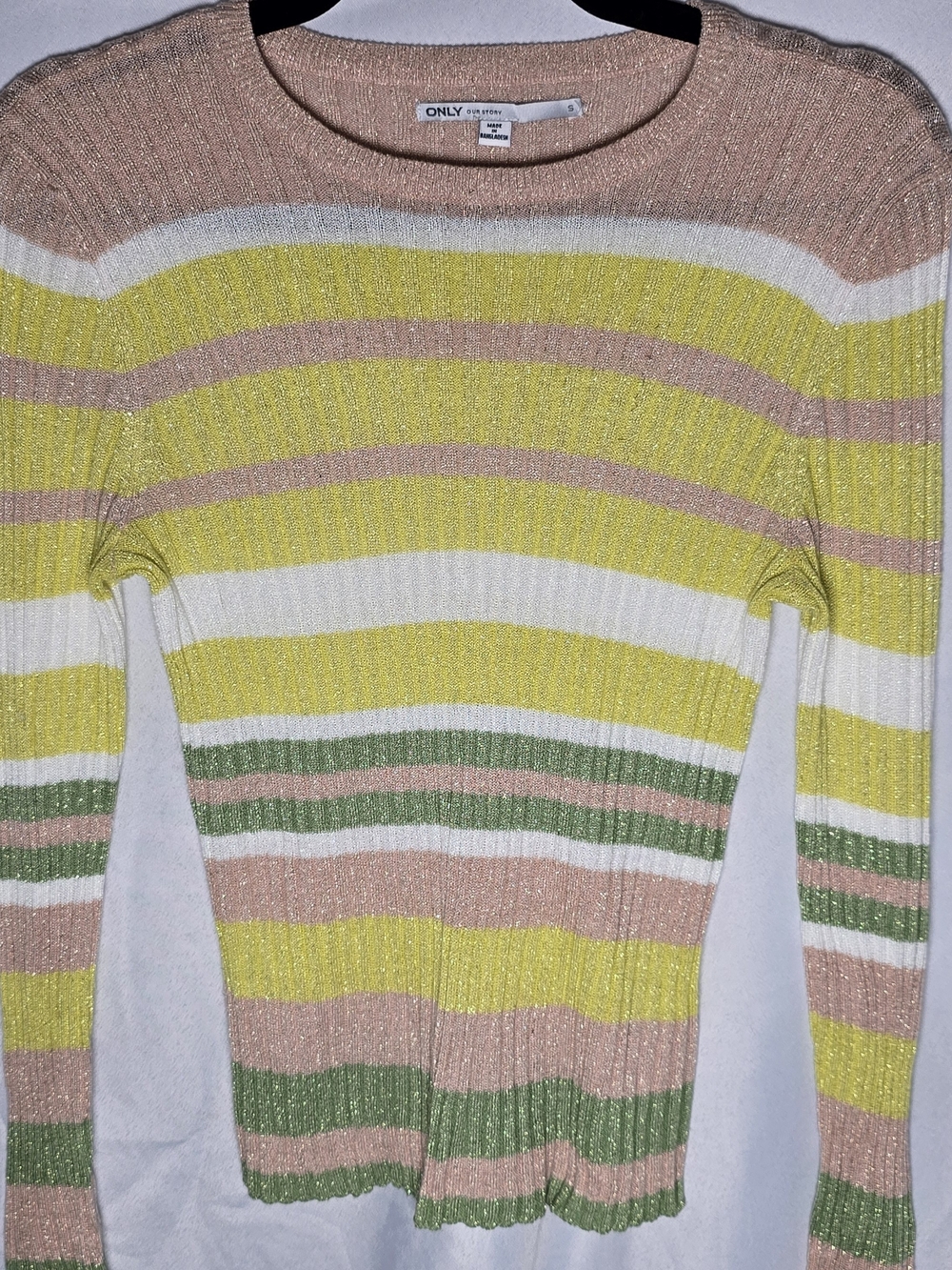 ONLY Our Story Metallic Colorful Striped Crewneck Ribbes Sweater Y2k, Sz S